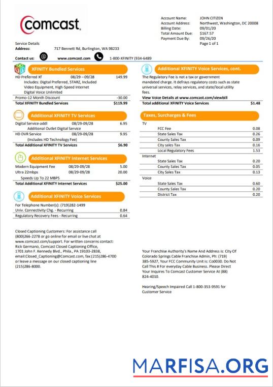 Realistic USA Utah Comcast utility bill template in Word and PDF format version 1